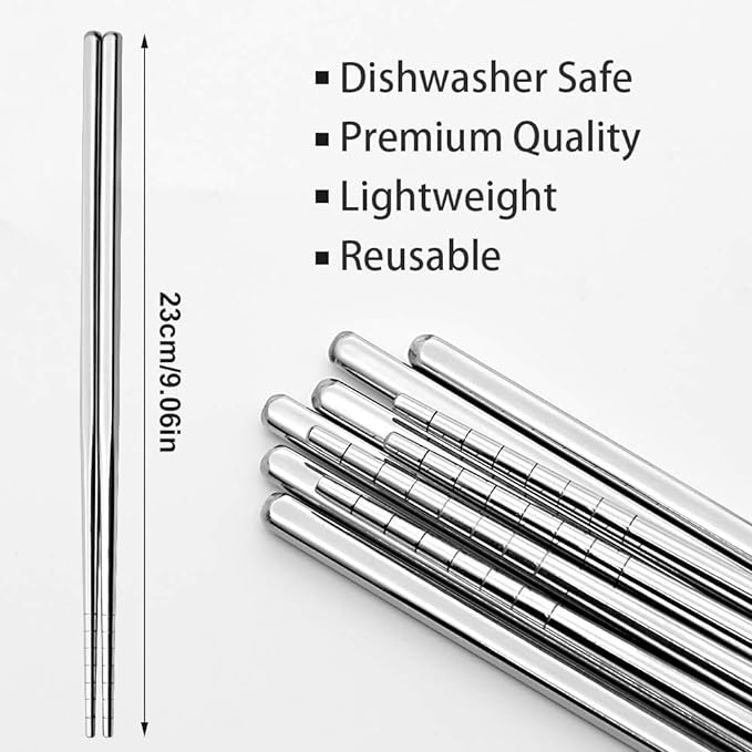 Stainless Steel Chopsticks Reusable Lightweight Metal Chopsticks Dishwasher Safe - 5 Pairs