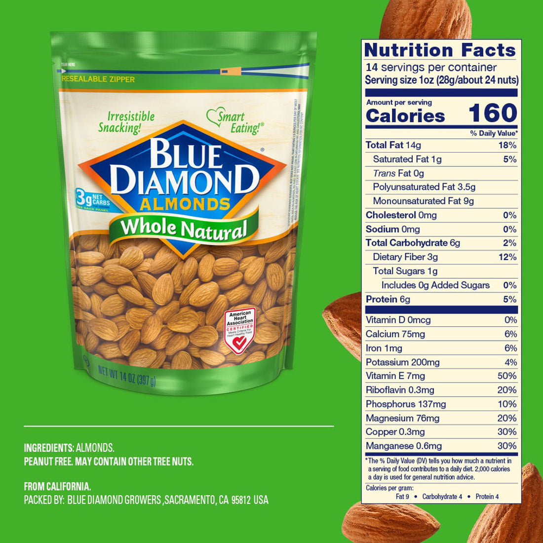 Blue Diamond Almonds, Whole Natural Raw Almonds, 14 oz