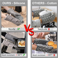 KEGOUU Oven Mitts and Pot Holders 6pcs Set, Kitchen Oven Glove High Heat Resistant 500 Degree Extra Long Oven Mitts and Potholder with Non-Slip Silicone Surface for Cooking - Grey