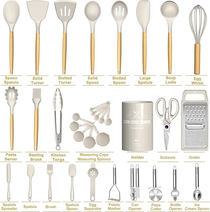 Umite Chef Silicone Kitchen Utensil Set, 34PCS Heat Resistant Kitchen Gadgets and Tools With Grater, Wood Handles for Nonstick Cookware