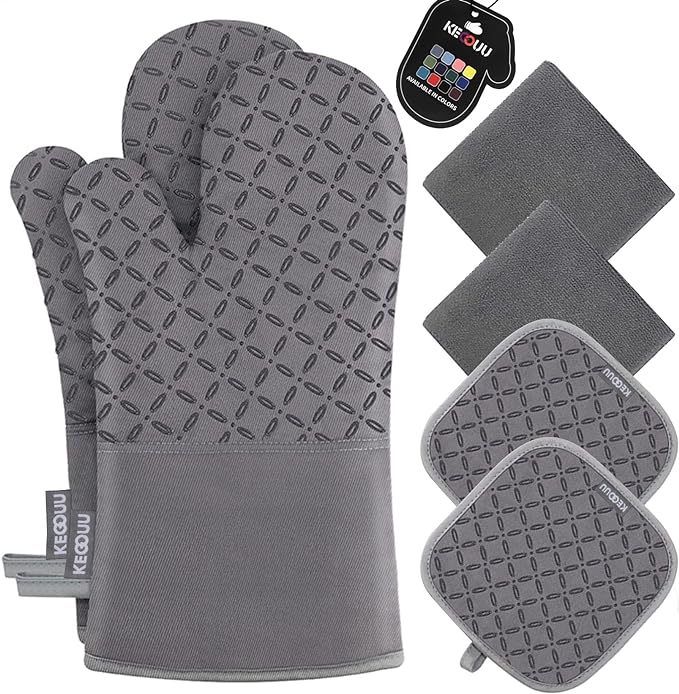 KEGOUU Oven Mitts and Pot Holders 6pcs Set, Kitchen Oven Glove High Heat Resistant 500 Degree Extra Long Oven Mitts and Potholder with Non-Slip Silicone Surface for Cooking - Grey