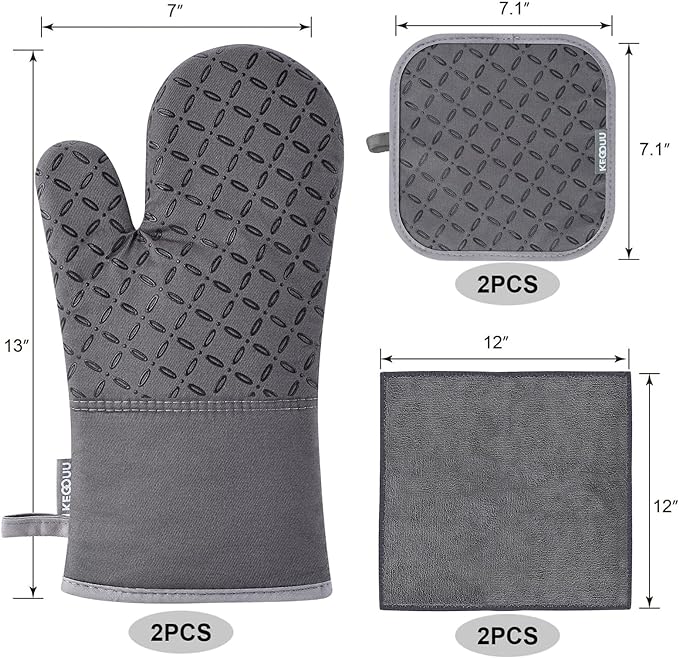 KEGOUU Oven Mitts and Pot Holders 6pcs Set, Kitchen Oven Glove High Heat Resistant 500 Degree Extra Long Oven Mitts and Potholder with Non-Slip Silicone Surface for Cooking - Grey