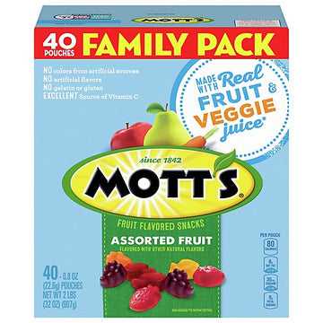 Mott's Fruit Flavored Snacks, Assorted Fruit, Pouches, 0.8 oz, 40 ct